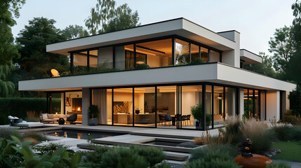 Fototapeta premium Modern House with Pool and Garden - 3D Illustration