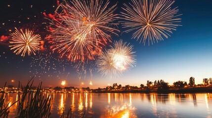 Fototapeta premium Bright fireworks bursting in the night sky over a river, reflecting the vibrant spirit of Diwali