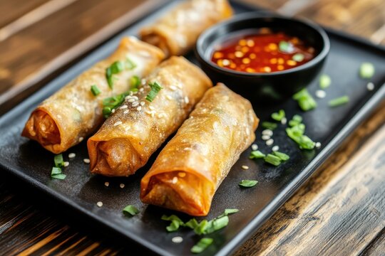 Spring rolls with sweet chili sauce on a modern black plate placed on a wooden surface