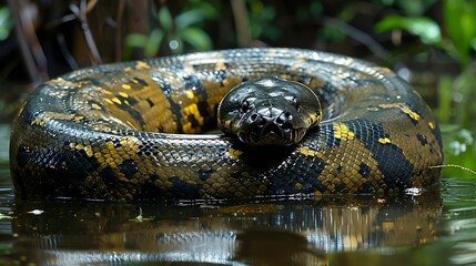 Massive anaconda coiled on riverbank, rainforest: A massive anaconda lies coiled on the riverbank, its thick, powerful body blending with the dense vegetation of the surrounding rainforest. 