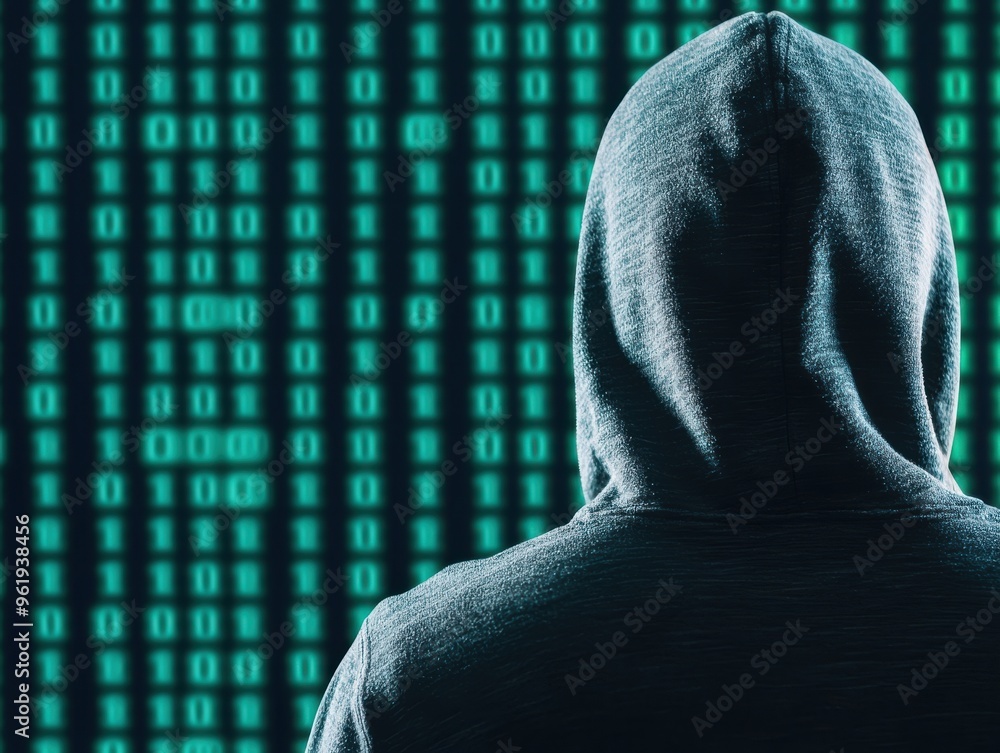 Poster a mysterious figure in a hoodie stands against a backdrop of binary code, embodying the essence of t