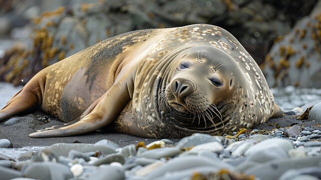 Massive elephant seal lounging on rocky shore: A massive elephant seal lounges lazily on a rocky shore, its blubbery body soaking up the sun as it rests after a long swim. 