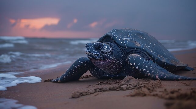 Massive leatherback sea turtle on nesting beach: A massive leatherback sea turtle hauls itself onto a sandy beach to nest, its ancient and weathered shell reflecting the endurance of this remarkable 
