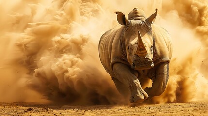 Mighty rhinoceros charging through dusty plains: A mighty rhinoceros charges across the dusty plains, its massive body and sharp horn creating a powerful image of strength and determination. 