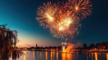 Fototapeta premium Bright fireworks bursting in the night sky over a river, reflecting the vibrant spirit of Diwali