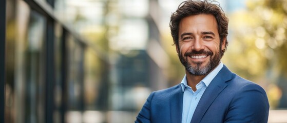 Obraz premium A man in a blue suit is smiling and posing for a photo