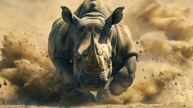 Mighty rhinoceros charging through dusty plains: A mighty rhinoceros charges across the dusty plains, its massive body and sharp horn creating a powerful image of strength and determination. 