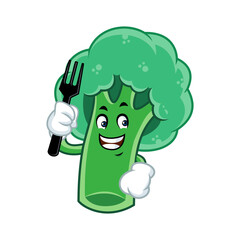 Cute and happy cartoon broccoli holding a fork, promoting healthy eating habits.