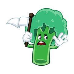 Scared broccoli mascot cartoon character holding white flag. Illustration isolated on white background.