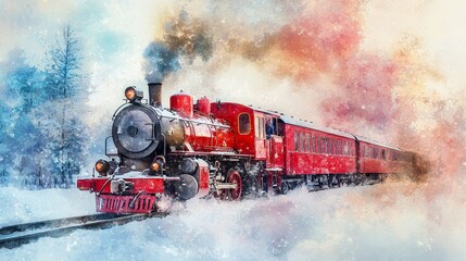 Santa's Christmas train in snow winter , the watercolour background.