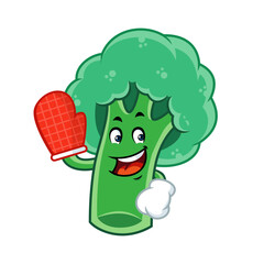 Cute and happy cartoon broccoli mascot wearing oven mitt, perfect for food and cooking designs.