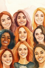 Obraz premium Diverse group of women smiling in watercolor illustration.