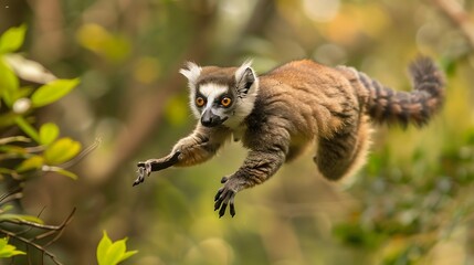 Playful lemur leaping between trees in Madagascar: A playful lemur leaps nimbly between the trees in Madagascar, its long tail trailing behind as it moves with agility and grace. 