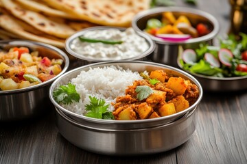 Stainless steel lunch box with North Indian or Maharashtrian food menu Chapati Roti Dal Tadka White Rice Potato Cauliflower sabji salad