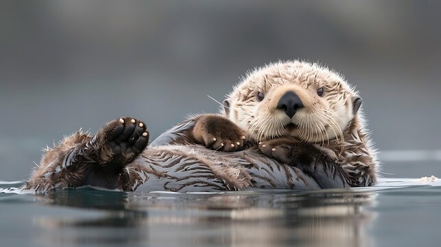 Playful sea otter floating on back, cracking shellfish: A sea otter floats on its back in calm waters, using a rock to crack open a shellfish, its playful nature evident as it enjoys its meal. 
