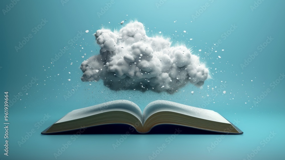 Poster a dynamic and imaginative depiction of an open book with a cloud above it, bursting with energy and 