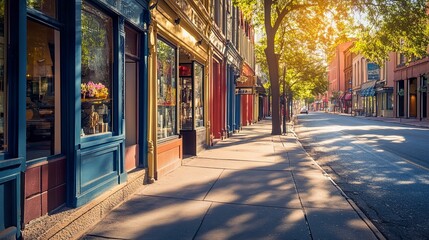 Fototapeta premium Charming street with shops and warm sunlight.