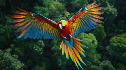 Colorful macaw parrot in flight over rainforest canopy: A vibrant macaw parrot soars over the dense green canopy of the rainforest, its brilliant feathers a burst of color against the lush backdrop. 