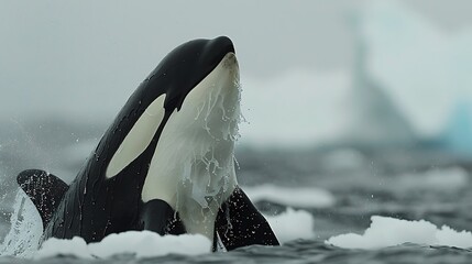 Powerful orca breaching in icy Arctic waters: A powerful orca breaches dramatically in the icy waters of the Arctic, its black and white body creating a striking contrast against the cold blue 