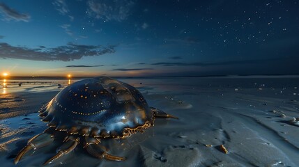 Prehistoric-looking horseshoe crab on moonlit beach: A prehistoric-looking horseshoe crab scuttles across the moonlit beach, its hard shell glistening as it navigates the shoreline under the 