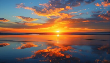 Vibrant beach sunset with orange and yellow hues reflecting on water, creating a serene and picturesque landscape