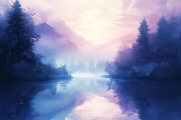 A Misty Mountain Lake with Reflected Clouds at Sunset