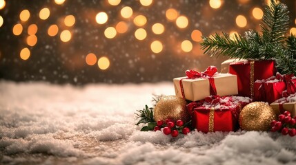 Obraz premium Christmas greeting template with tree with red and gold ornaments, surrounded by wrapped presents on a soft snowy surface. Christmas tree with gift box, greeting card, or inviting card