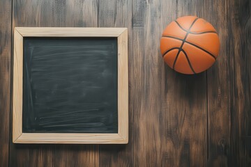 Strategic basketball planning with ball and blackboard on floor