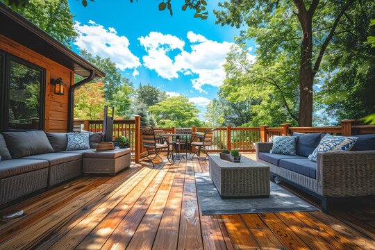 Wooden deck with outdoor furniture and fence in American home backyard, captured on a sunny day with blue sky, modern and clean look.