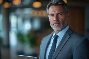 Naklejka premium A man in a suit and tie is holding a tablet in front of him
