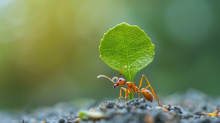 Tiny leaf-cutter ant carrying large leaf piece, rainforest: A tiny leaf-cutter ant carries a large piece of leaf back to its colony in the rainforest, showcasing its incredible strength and 