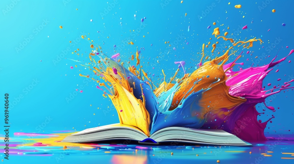 Poster a dynamic and vivid splash of multicolored paint erupts from an open book, symbolizing the explosion