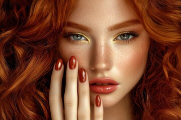 Fototapeta premium Stunning red haired model with curls gold makeup long nails and red lips Beauty with manicure design