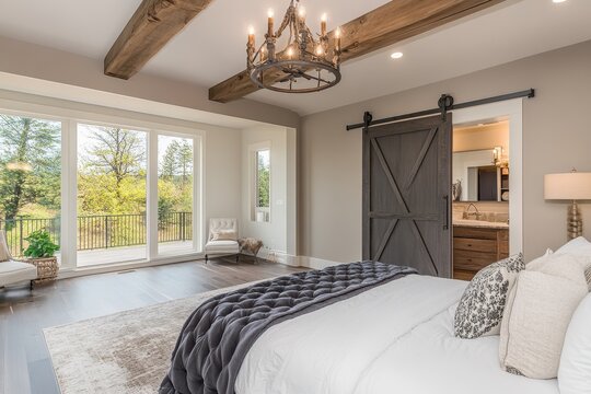 Stunning master bedroom in luxurious new home with ensuite bathroom view Includes barn door chandelier and elegant decor