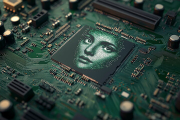 Face emerging from an AI computer processor. Artificial general intelligence emergence concept.