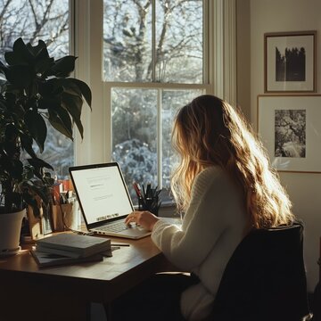 female with long blond hair sitting at desk in front of laptop by window with view of trees and snow outside, daytime. remote working, freelancing lifestyle, online education, home office concept