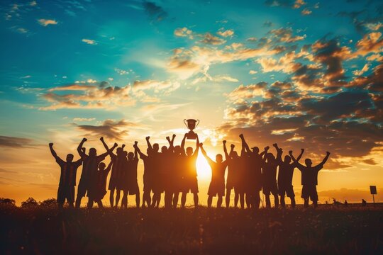 Silhouette of Football Team Celebrating with Trophy at Sunset - Victory, Achievement, and Triumph Concept