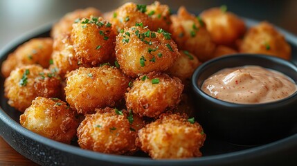closeup of golden crispy deepfried mushrooms with a dollop of creamy dipping sauce rich textures and warm colors emphasize the indulgent comforting nature of the dish