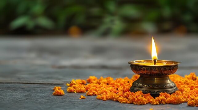 Closeup of a traditional brass oil lamp deepam lit with ghee, surrounded by marigold petals