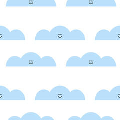 Seamless pattern of blue clouds with smiley faces.
