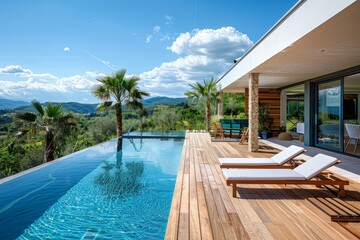 Fototapeta premium Wooden deck with sunbeds next to outdoor pool in modern villa garden, surrounded by palm trees and grass, blue sky, hills in background.