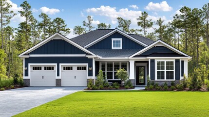 Blue House with a White Trim and a Green Lawn