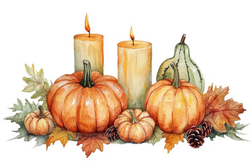 A cozy autumn arrangement featuring pumpkins, candles, and colorful leaves, with transparent background