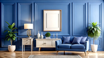 Eclectic home interior in classic blue color, 3d render, white Mock up frame