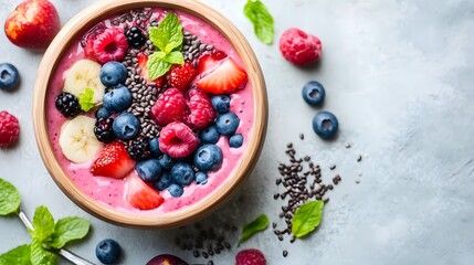 Vibrant Superfood Smoothie Bowl with Fresh Fruits and Seeds in Eco Friendly Bamboo Container