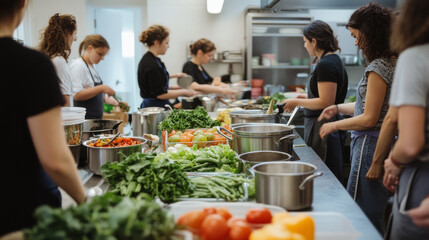 Volunteers Preparing Food in a Kitchen.