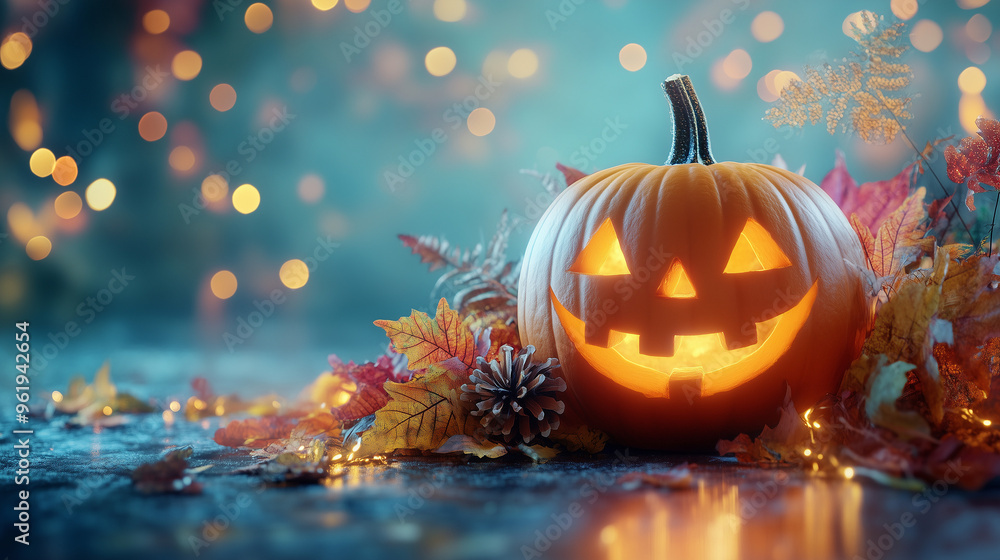 Fototapete happy halloween banner or party invitation background with clouds, bats and pumpkins in paper cut st