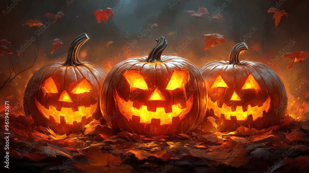 Fototapete happy halloween banner or party invitation background with clouds, bats and pumpkins in paper cut st