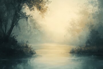 Misty Morning River Scene with Trees on the Banks