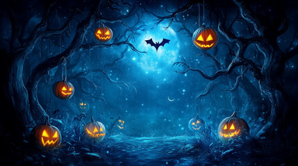 Happy Halloween banner or party invitation background with clouds, bats and pumpkins in paper cut style. Vector illustration. Full moon in orange sky, spiders web and witch cauldron. Place for text 